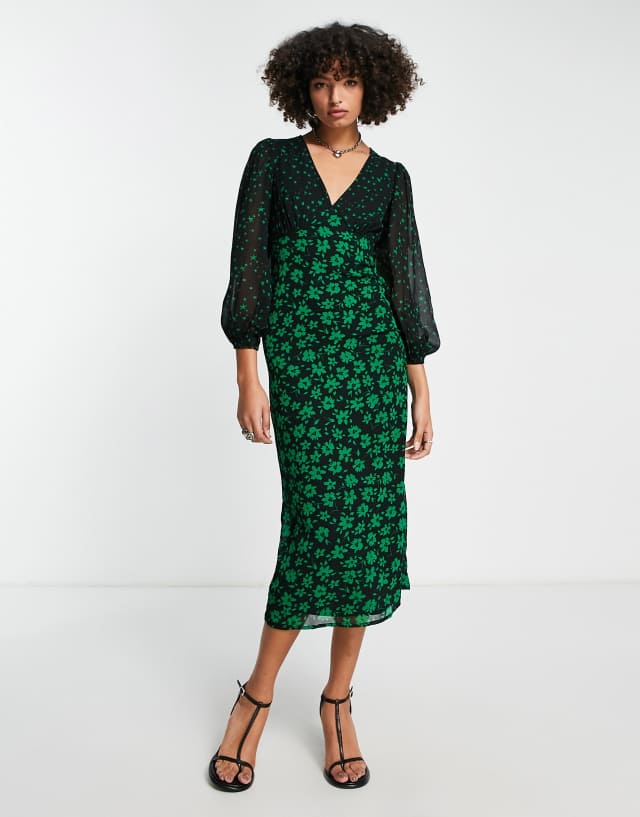 Violet Romance v neck midi dress in green mixed floral print