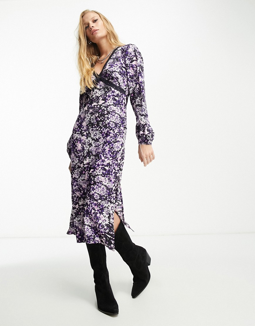v neck midi dress with lace contrast in floral print-Multi