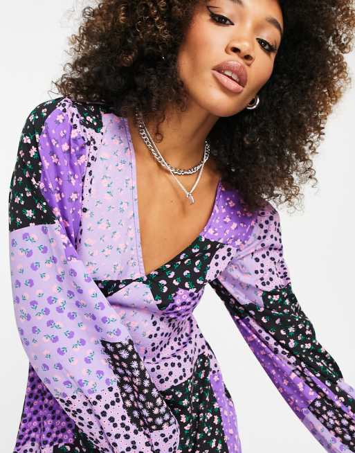 purple patchwork dress Violet Romance v neck mini dress in purple patchwork print