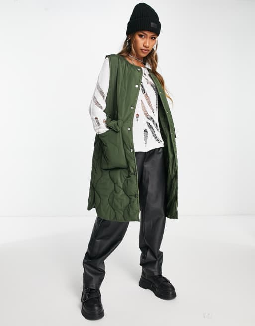 Violet Romance - Vatteret longline-vest uden krave i khaki