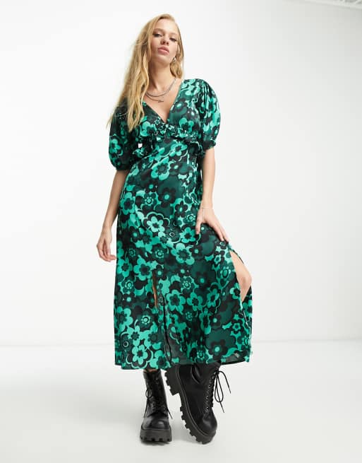 Violet Romance - Vestito midi in raso verde a fiori