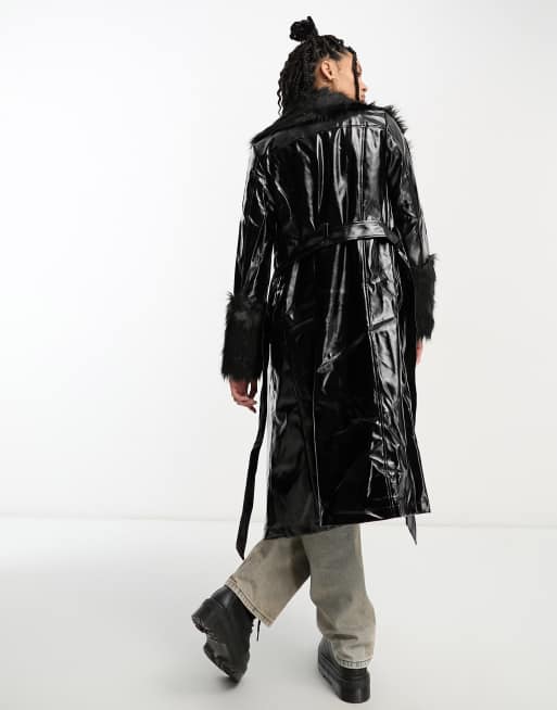 Black vinyl coat with fur clearance hood