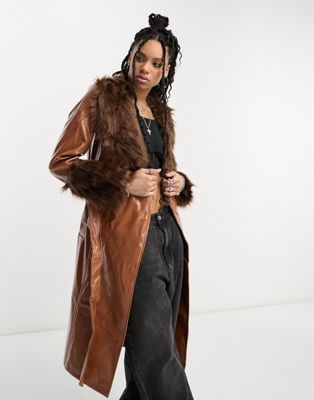 vinyl jacket with faux fur trims in brown