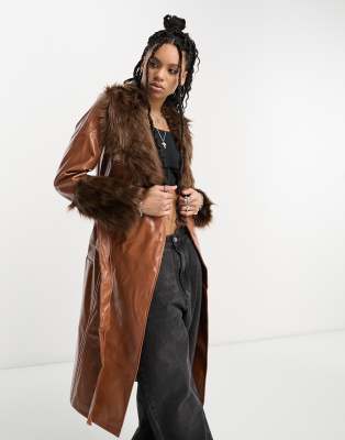 Violet Romance Vinyl Jacket With Faux Fur Trims In Brown