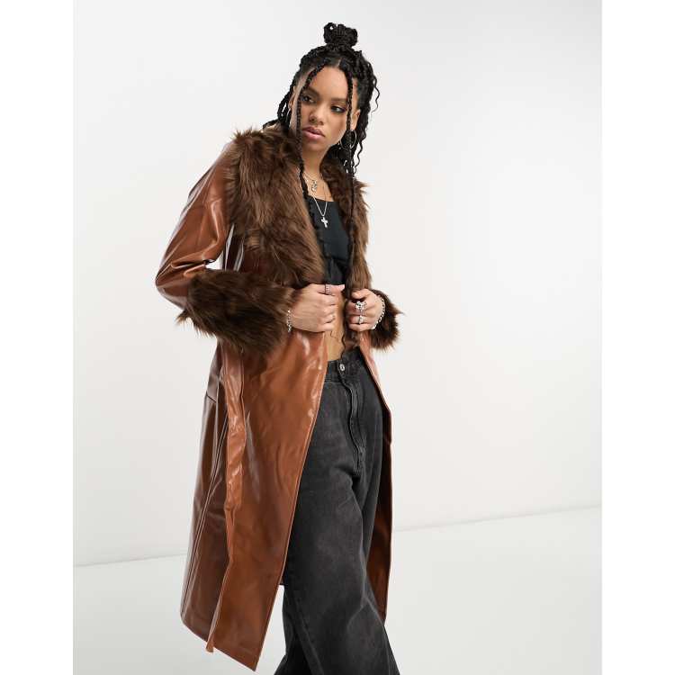 Pull&Bear faux fur extra long collared coat in brown