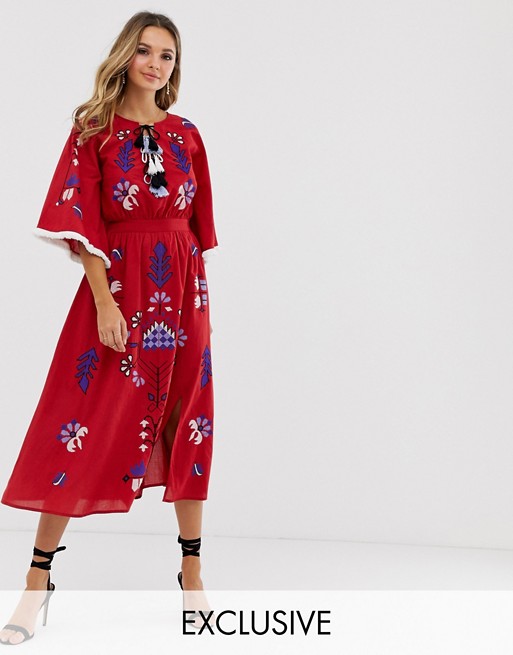 Violet Skye allover embroidered midaxi dress with tassel trim in red multi