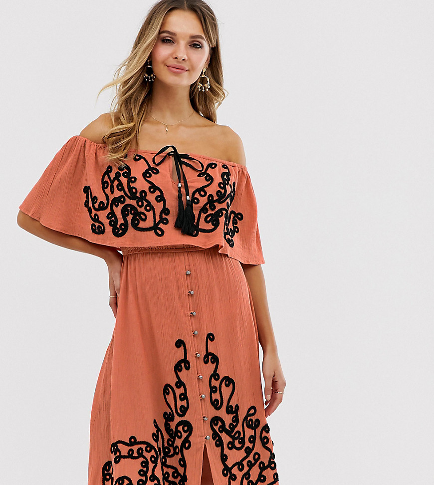 Violet Skye off shoulder embroidered button through midi dress in rust