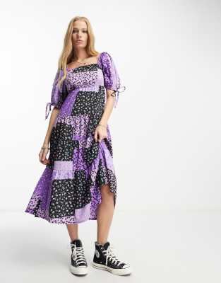 Violettes Romance - Midikleid mit Puffärmeln und Patchwork-Print in Lila