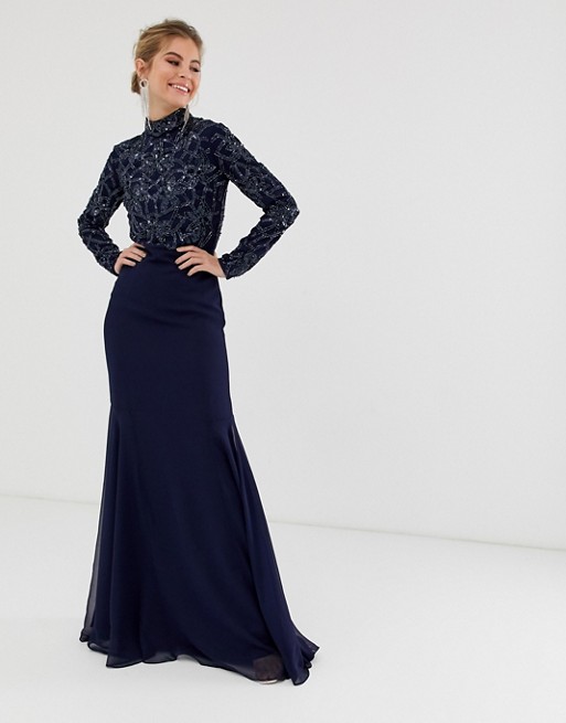 Virgos Lounge all over embellished long sleeve maxi dress in navy