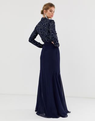 Virgos lounge all over embellished long sleeve maxi dress sale in navy