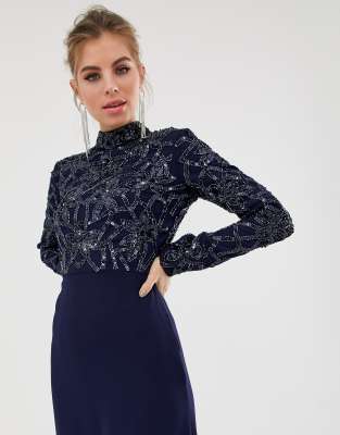 virgos lounge all over embellished long sleeve maxi dress in navy