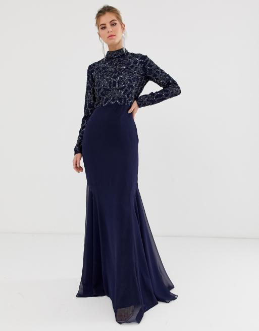 Virgos lounge all over embellished long sleeve maxi dress sale in navy