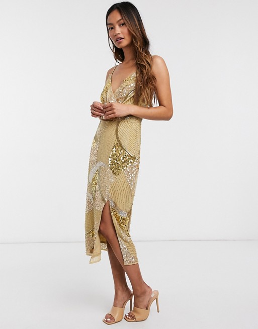 Virgos Lounge all over embellished midi dress with split in gold