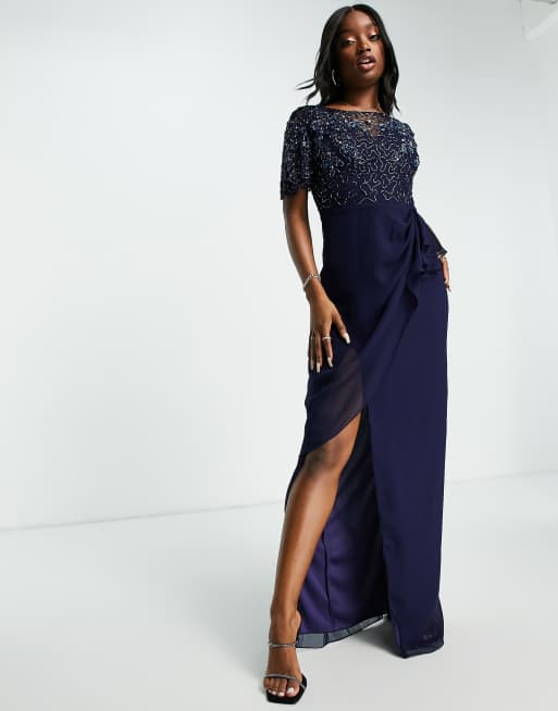 Virgos Lounge - Ariann - Robe cache-cœur longueur mollet ornementée - Bleu marine