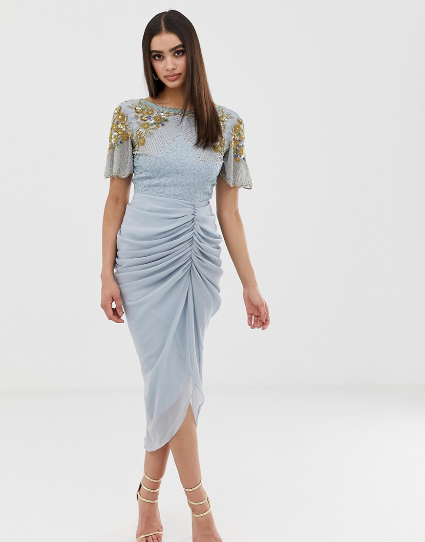 Virgos Lounge – Blå utsmyckad midiklänning med rynkad kjol-Marinblå