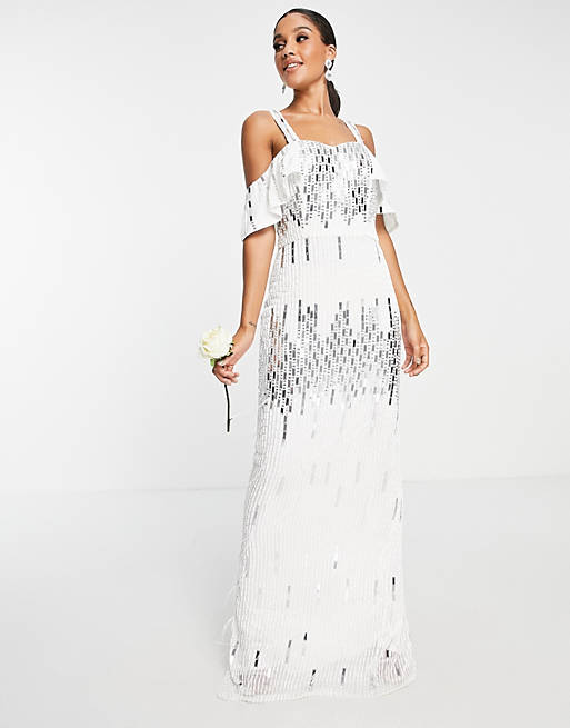 Virgos Lounge Bridal embellished cold shoulder dress in white