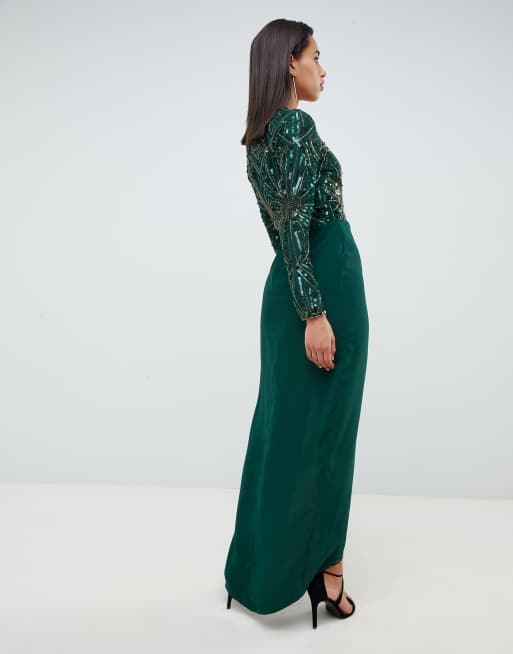 Virgos Lounge darline embellished sweetheart maxi dress with thigh split in emerald green, 2 of 4