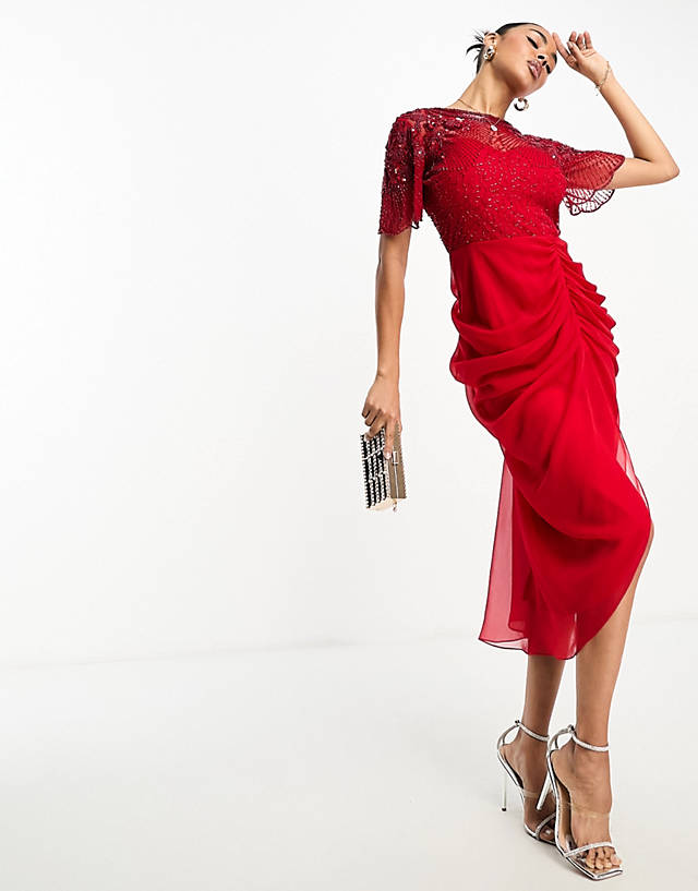 Virgos Lounge - denise midi dress with sleeve embellishment details in red
