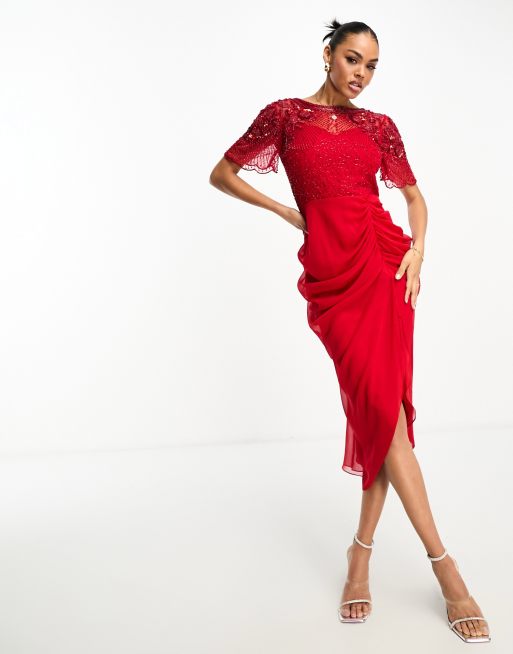 Virgos Lounge denise midi dress with sleeve embellishment details in red