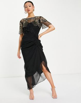 Virgos Lounge Denise midi dress with wrap skirt and embellishment in black