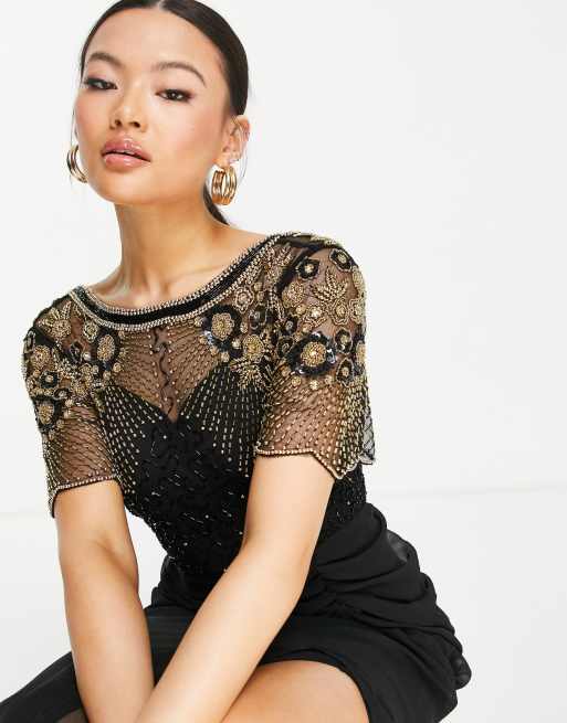 Virgos Lounge – Denise – Midikleid in Schwarz mit Wickelrock und Verzierung, 3 von 4