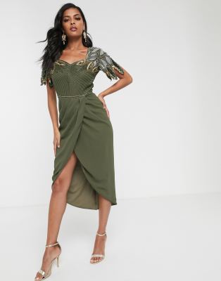 Virgos Lounge drape front midi dress with shoulder detail in khaki-Green