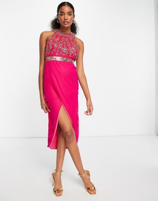 Virgos Lounge embellished 2 in 1 pencil prom dress in fuchsia-Pink