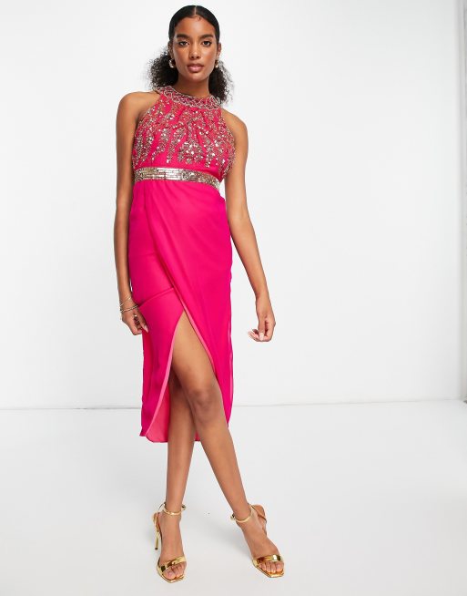 Virgos Lounge embellished 2 in 1 pencil prom dress in fuchsia ASOS