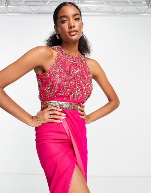 Virgos Lounge embellished 2 in 1 pencil prom dress in fuchsia ASOS