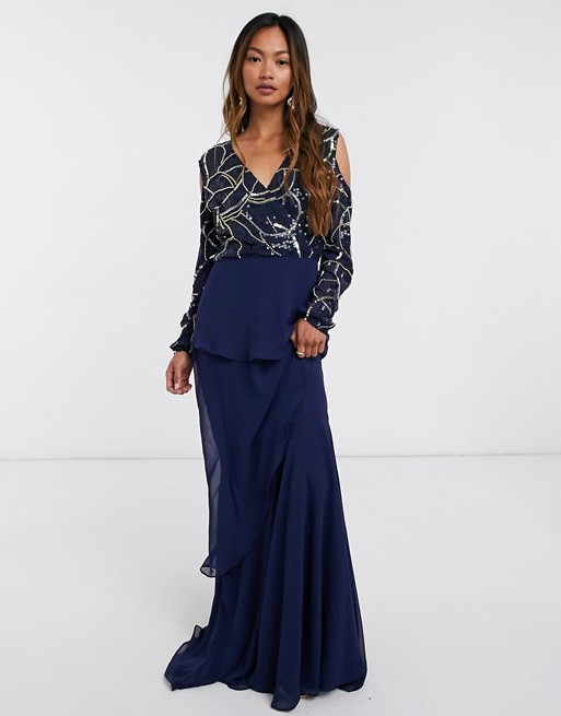 Virgos Lounge embellished maxi dress with wrap front in navy