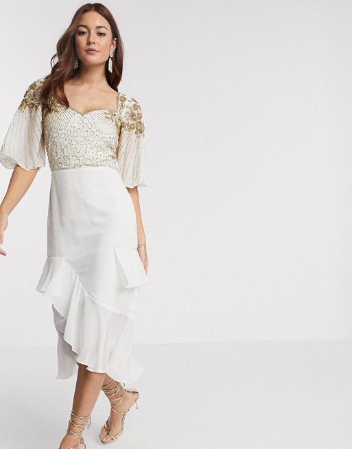 Virgos Lounge embellished midi dress with flutter sleeve and ruffle skirt in ivory