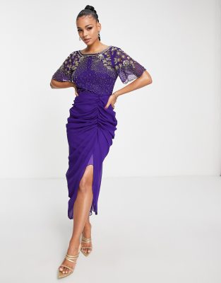 Virgos Lounge embellished ruched midi dress in purple-Navy