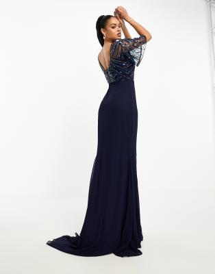 Virgos lounge all over embellished shop long sleeve maxi dress in navy