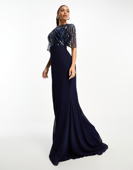 Virgos Lounge Genevieve Dress Navy Embellished Wedding Party Midi