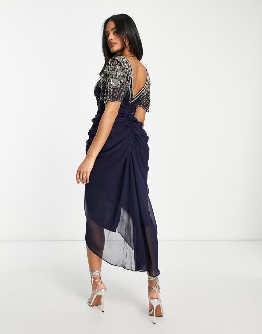 Virgos Lounge embellished short sleeve maxi dress in navy