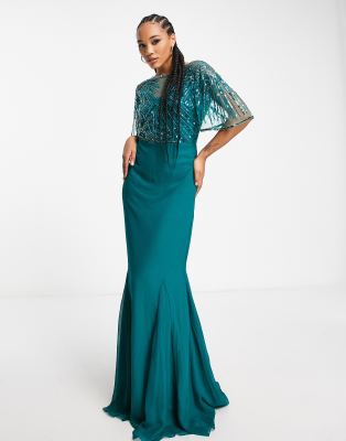 Virgos Lounge Virgos Lounge embellished short sleeve maxi dress in teal-Green