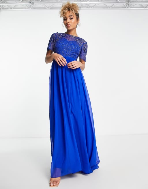 Virgos lounge all over embellished long outlet sleeve maxi dress in navy