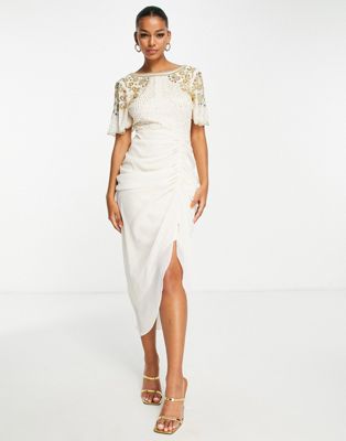 Virgos lounge embellished top midi dress in white and gold