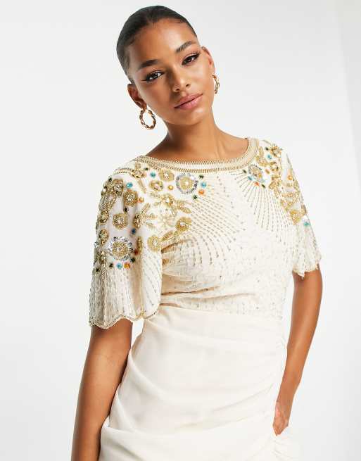 Virgos lounge embellished top midi dress in white and gold