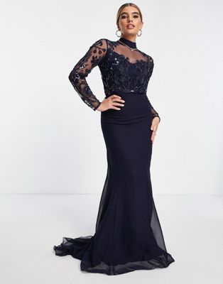 Virgos Lounge high neck maxi dress with embellishment and fishtail in navy