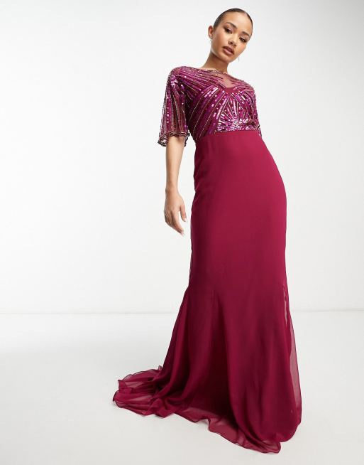 Virgos Lounge – Kurzärmliges Maxikleid in Magenta mit Verzierung, 3 von 4