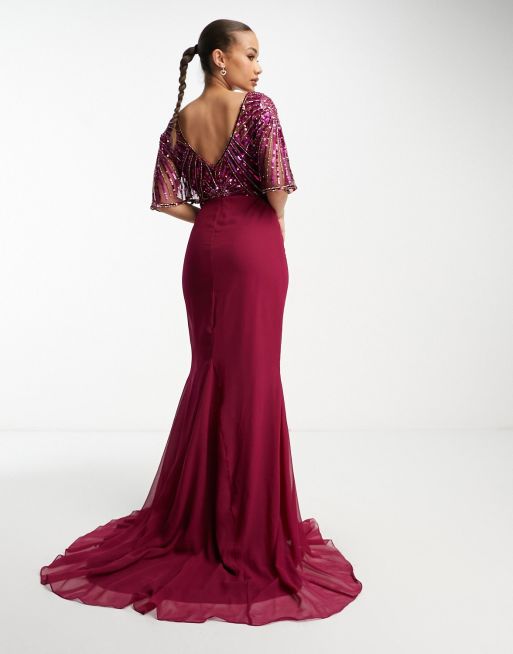 Virgos Lounge – Kurzärmliges Maxikleid in Magenta mit Verzierung, 4 von 4