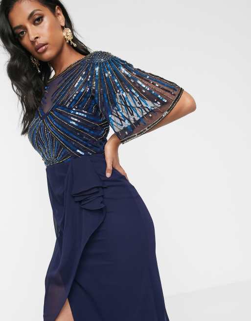 Virgos Lounge Marineblaues Maxikleid mit seitlicher Raffung und transparenter Oberlage