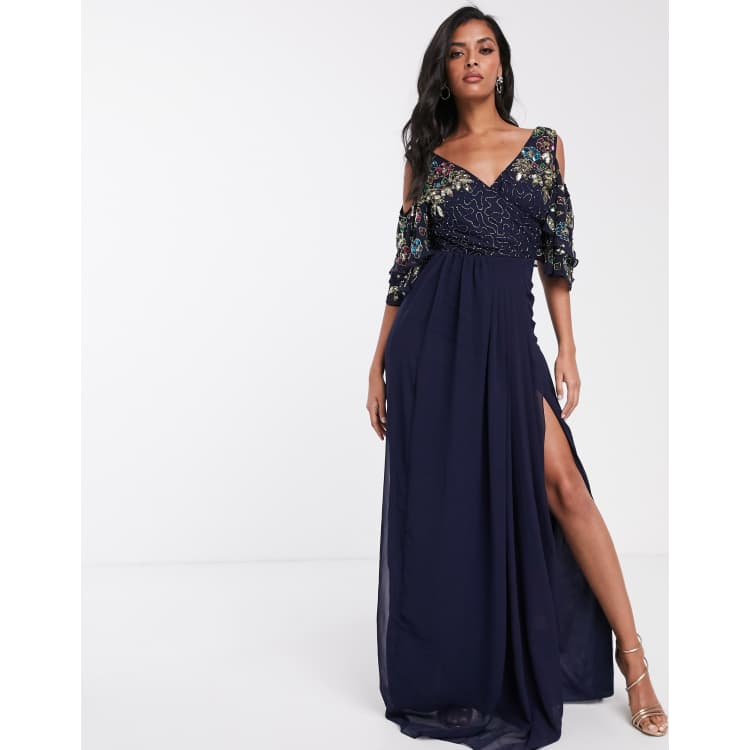 Virgos lounge all over embellished outlet long sleeve maxi dress in navy