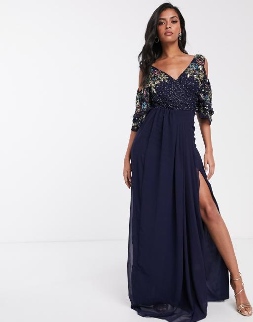 Virgos Lounge maxi dress with embellished cold shoulder sleeve in navy ...