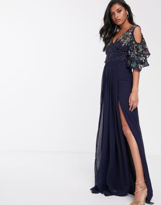 navy cold shoulder maxi dress