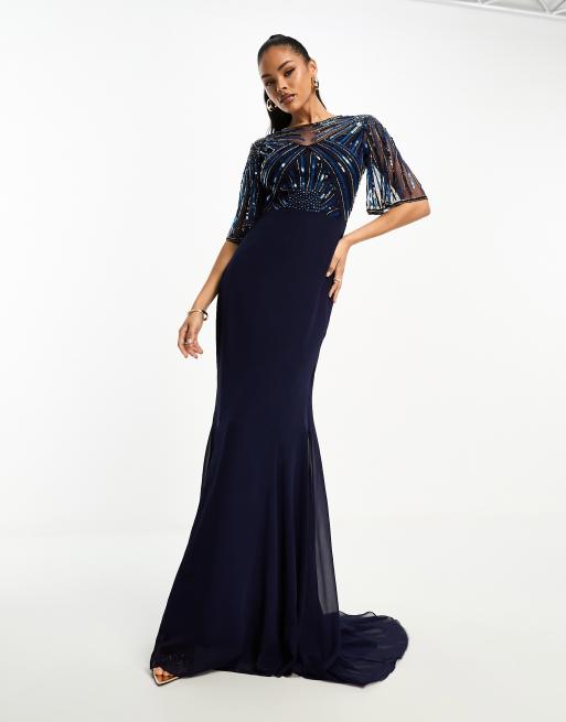Virgos Lounge - Maxi-jurk met korte mouwen en versiering in marineblauw