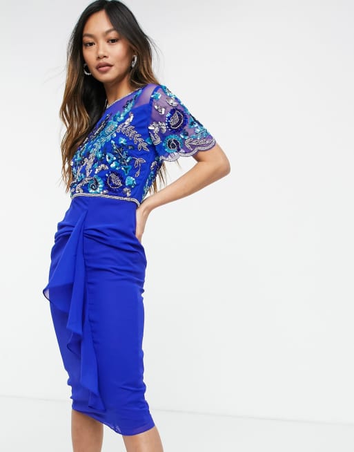Virgos Lounge - Midi-galajurk met versiering en gedrapeerde voorkant in groenblauw