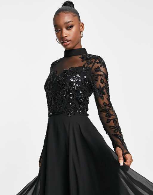 Virgos Lounge midi skater dress with embellished top in black ASOS