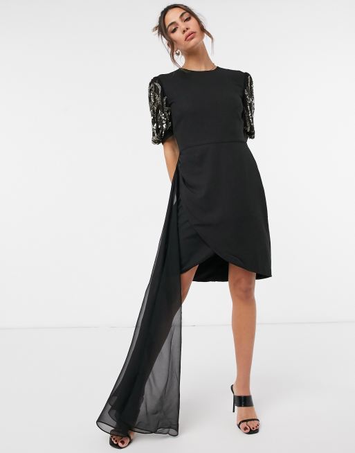 Virgos Lounge mini dress with mesh train and embellished sleeves in black  and gold | ASOS